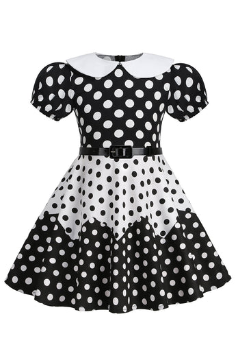 Puff Sleeves Polka Dots Black A Line Girls' Dress