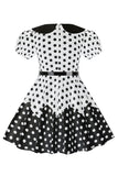 Puff Sleeves Polka Dots Black A Line Girls' Dress