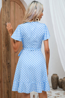 Blue Polka Dots Wrap Summer Dress