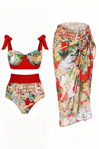 Two Piece Printed Swimwear Set with Beach Dress