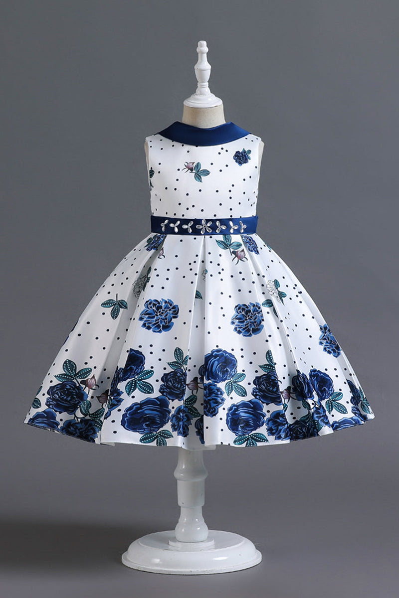 Load image into Gallery viewer, A Line Jewel Neck Blue Printed Girl Dress