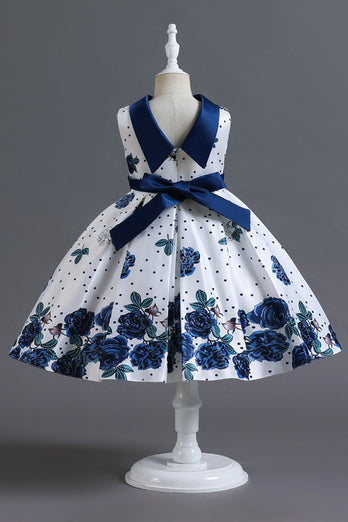 A Line Jewel Neck Blue Printed Girl Dress