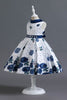 Load image into Gallery viewer, A Line Jewel Neck Blue Printed Girl Dress