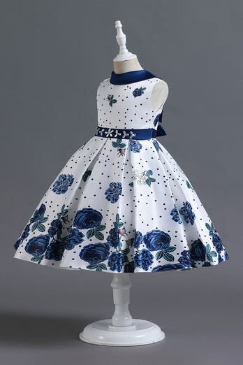 A Line Jewel Neck Blue Printed Girl Dress