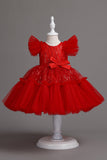 A Line Jewel Neck Red Girl Dress with Bowknot