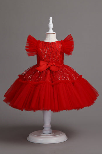 A Line Jewel Neck Red Girl Dress with Bowknot