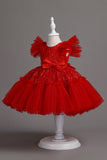 A Line Jewel Neck Red Girl Dress with Bowknot