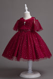 A Line Off the Shoulder Burgundy Tulle Girl Dress