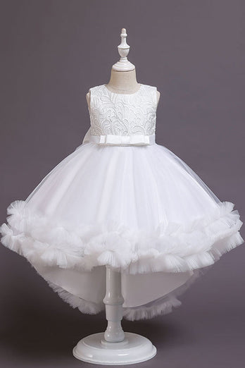 High Low Jewel Neck White Flower Girl Dress with Bowknot