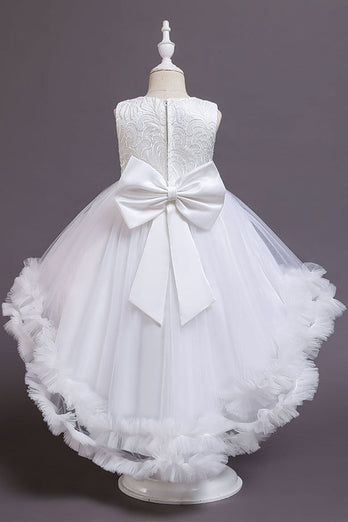 High Low Jewel Neck White Flower Girl Dress with Bowknot