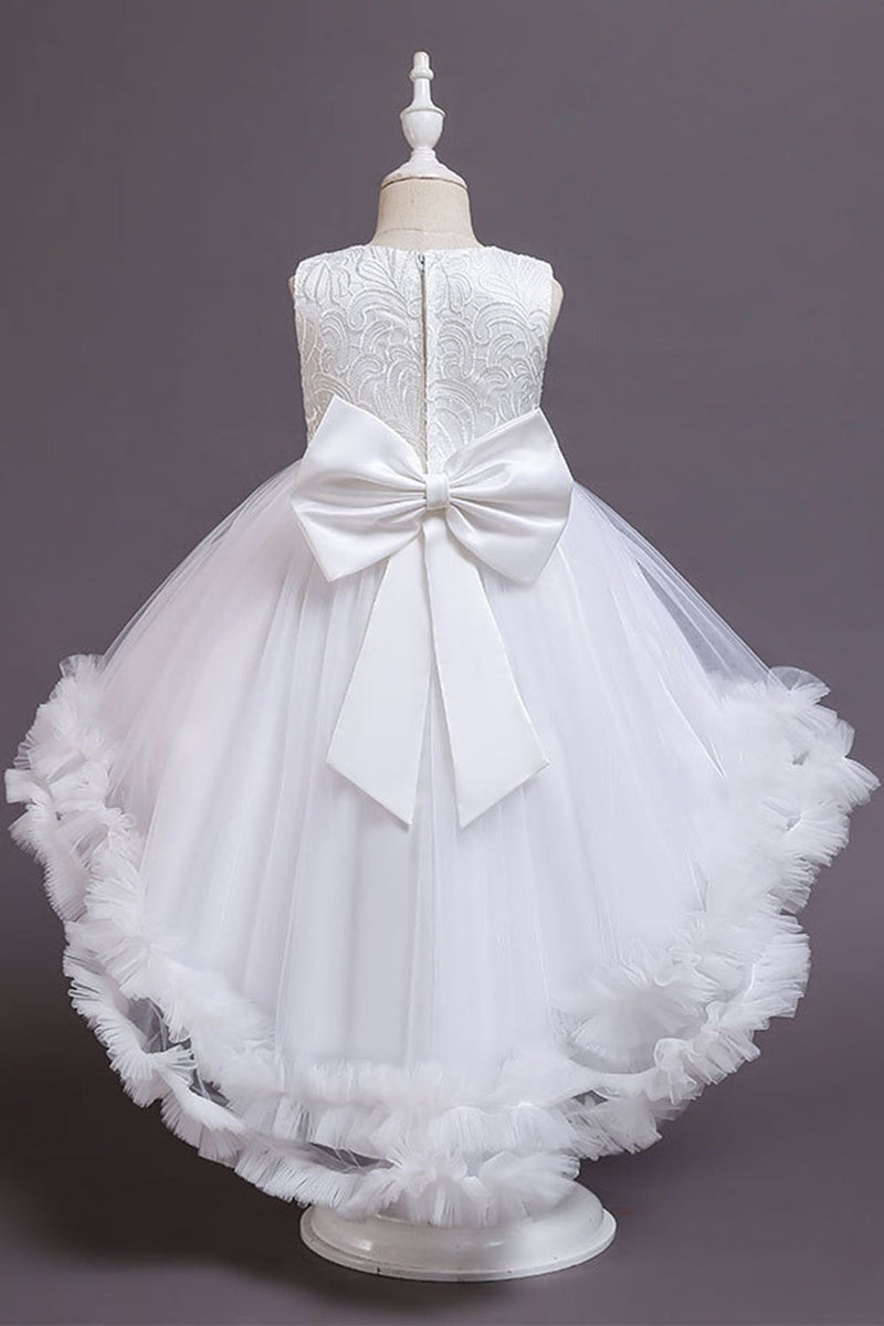 Load image into Gallery viewer, High Low Jewel Neck White Flower Girl Dress with Bowknot