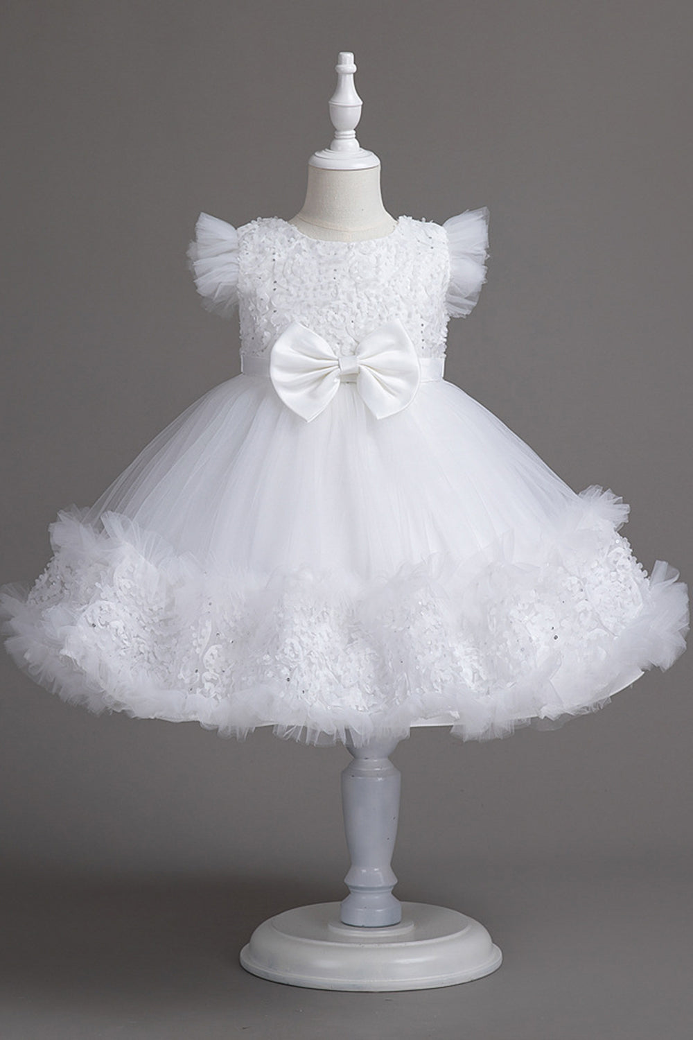 Cute Jewel Neck White Girl Dress with Bowknot