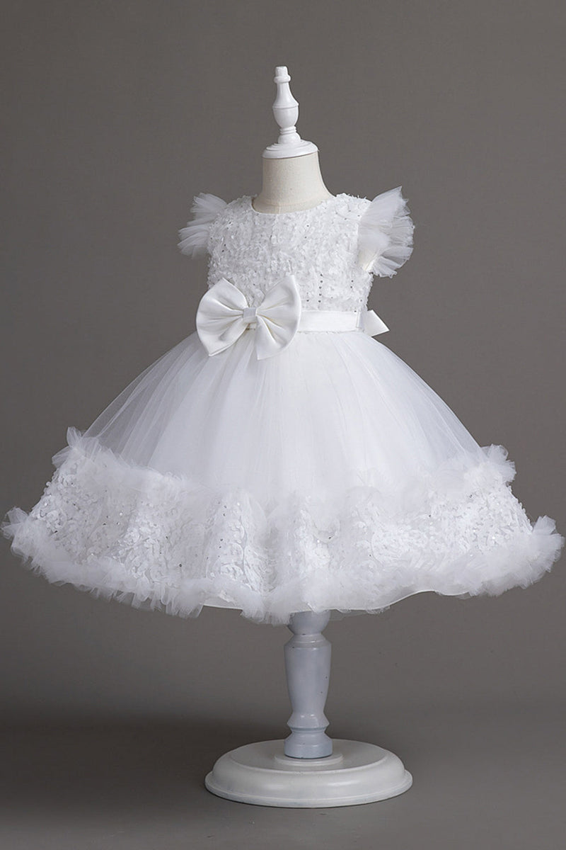 Load image into Gallery viewer, Cute Jewel Neck White Girl Dress with Bowknot