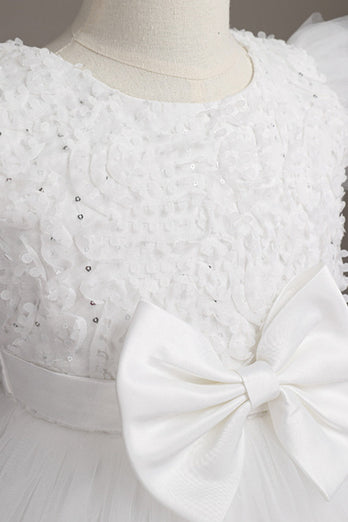Cute Jewel Neck White Girl Dress with Bowknot