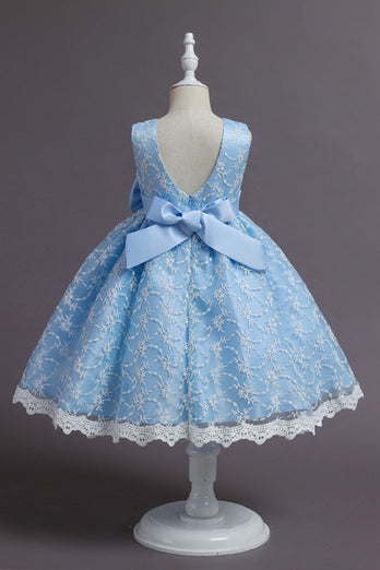 Blue A Line Sleeveless Bow Girls' Dress With Lace