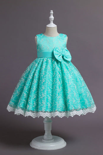 Blue A Line Sleeveless Bow Girls' Dress With Lace