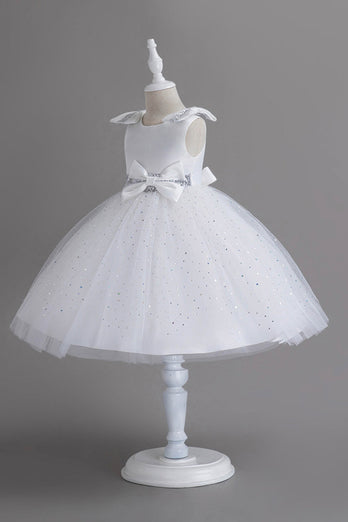 Champagne A Line Tulle Sequin Girls' Party Dress With Bow