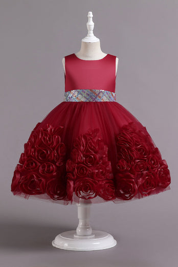 Fuchsia A Line Sequin Flower Girls' Party Dress With Bow