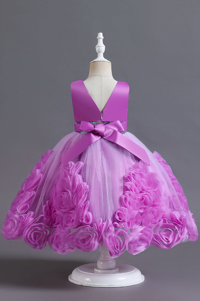 Load image into Gallery viewer, Fuchsia A Line Sequin Flower Girls&#39; Party Dress With Bow