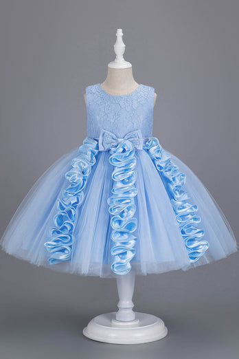 Blue Tulle Sleeveless A Line Girls' Party Dress With Ruffles