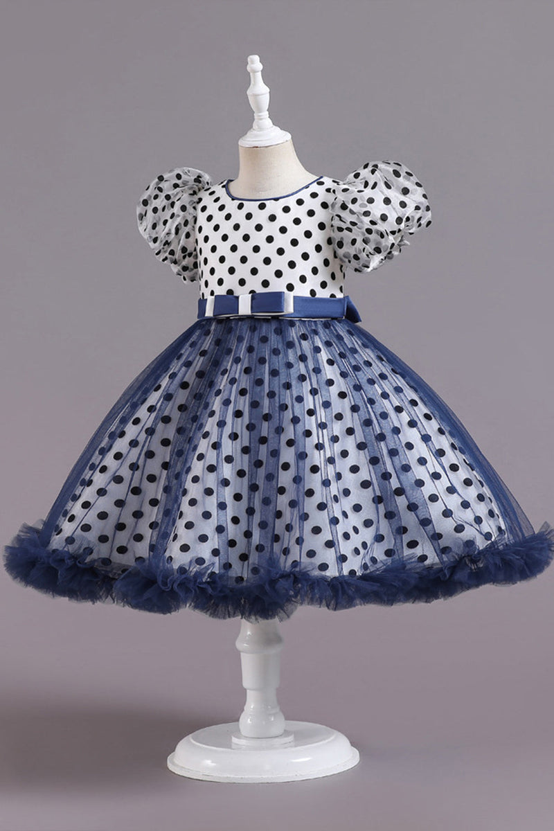Load image into Gallery viewer, Red Polka Dots Bow Girls&#39; Dress with Puff Sleeves