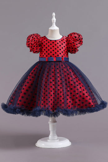 Red Polka Dots Bow Girls' Dress with Puff Sleeves