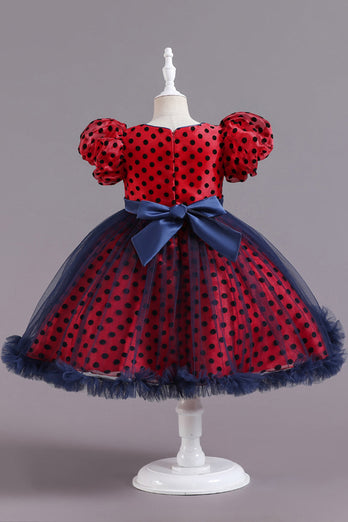 Red Polka Dots Bow Girls' Dress with Puff Sleeves