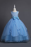 Blue Round Neck Tulle Long Girls' Dress