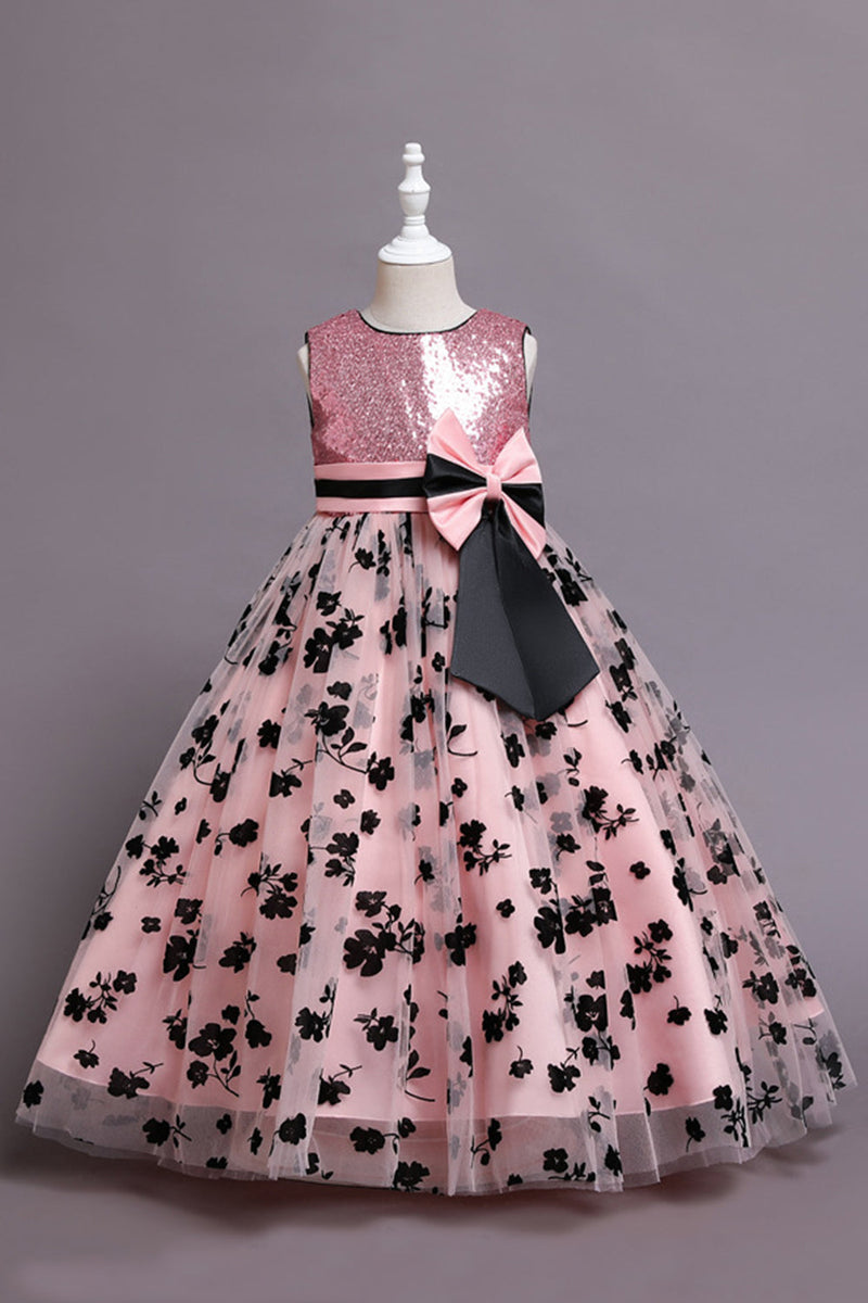 Load image into Gallery viewer, Pink Tulle Sequin Flower Long Girls&#39; Dress