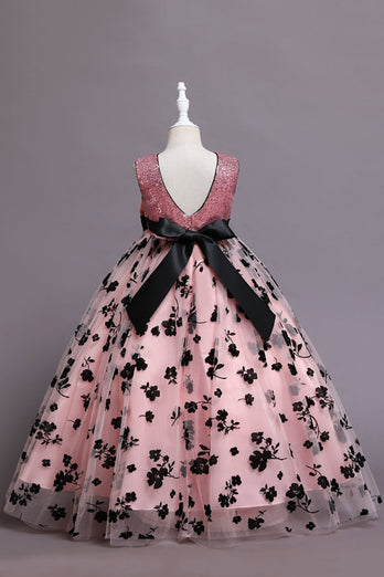 Pink Tulle Sequin Flower Long Girls' Dress