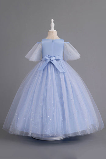Blue A Line Tulle Flower Girl Dress with Beaded