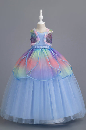 Sleeveless Blue Tulle Gir's Party Dress