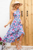 Purple Printed Summer Casual Dress with Hollow-out