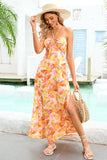 Orange Printed Halter Summer Casual Dress with Slit