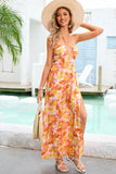 Orange Printed Halter Summer Casual Dress with Slit