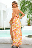 Orange Printed Halter Summer Casual Dress with Slit