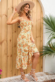 Yellow Floral Printed Summer Casual Dress with Ruffles