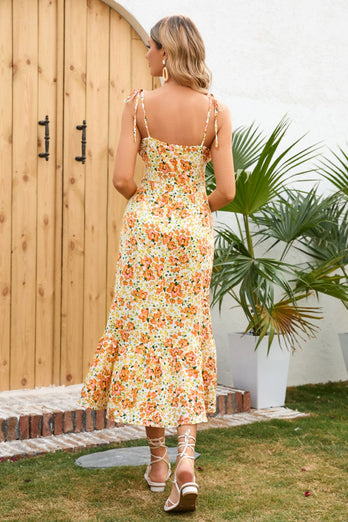 Yellow Floral Printed Summer Casual Dress with Ruffles