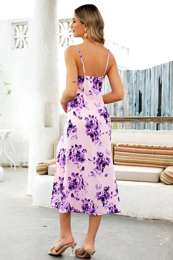 Purple Printed Summer Casual Dress with Slit