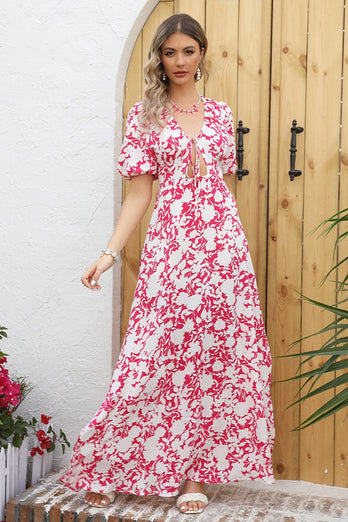 Red Printed Long Summer Casual Dress with Slit