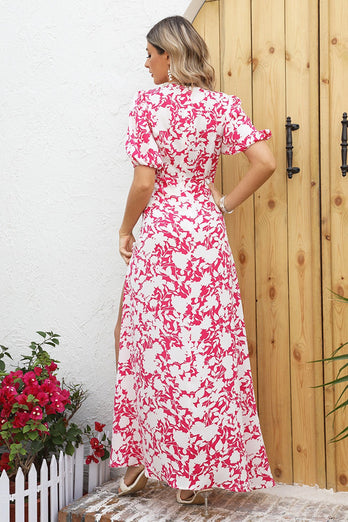 Red Printed Long Summer Casual Dress with Slit
