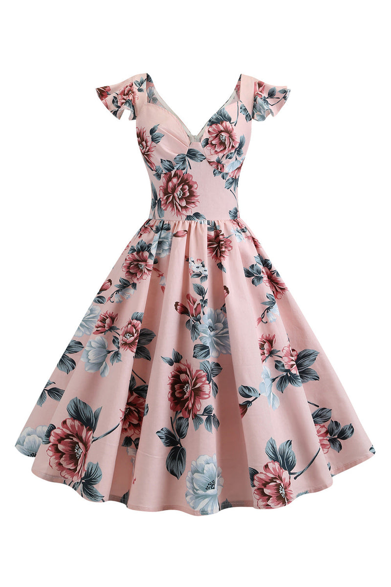 Load image into Gallery viewer, Pink Floral Printed Swing 1950s Dress