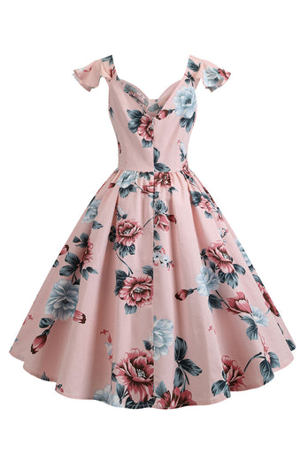 Pink Floral Printed Swing 1950s Dress