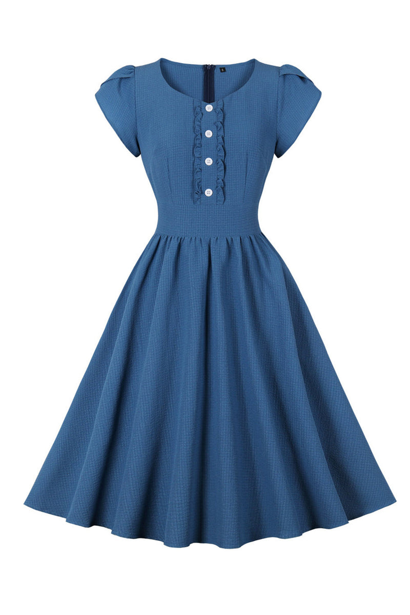 Load image into Gallery viewer, Blue Plaid Swing 1950s Dress with Ruffles