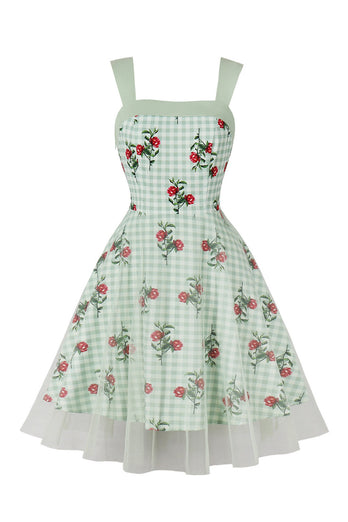 Green Plaid Swing 1950s Dress with Floral Printed