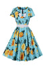 Load image into Gallery viewer, Blue Flower Print Short Sleeves Vintage Dress