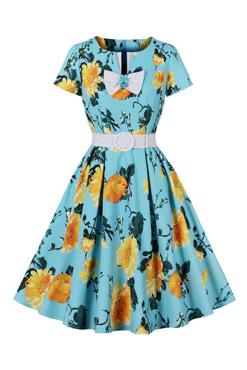 Blue Flower Print Short Sleeves Vintage Dress