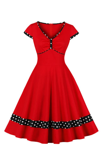 Dark Blue V Neck Polka Dots Swing 1950s Dress