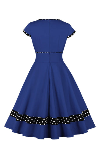 Dark Blue V Neck Polka Dots Swing 1950s Dress