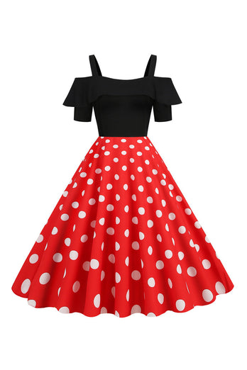 Black Cold Shoulder Polka Dots 1950s Dress